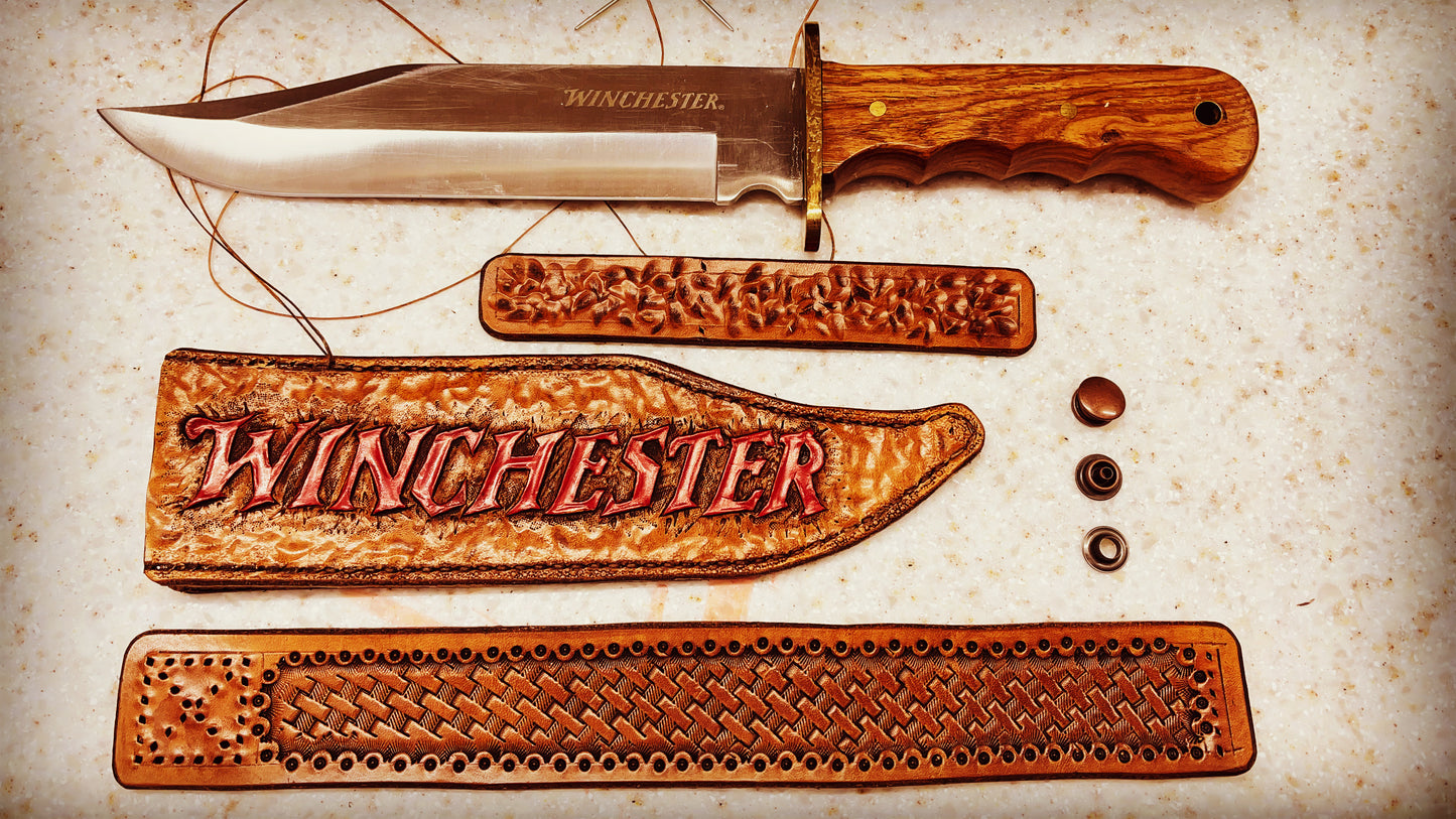 Winchester Bowie Knife Set – Wood Handle + (Custom Leather Sheath Included)