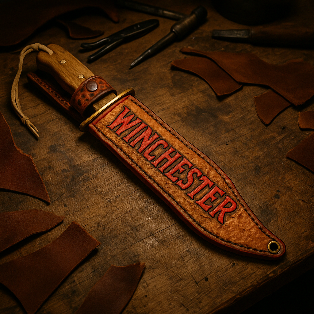 Leather knife sheath with 'Winchester' branding on a wooden surface