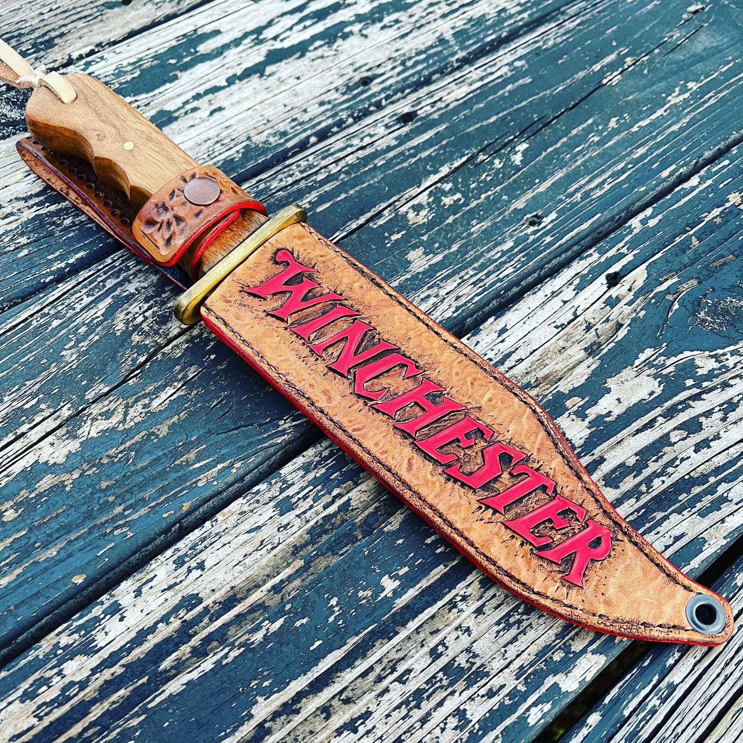 Custom Handmade Leather Sheath for Winchester Bowie Knife – Tooled, Dyed & Distressed