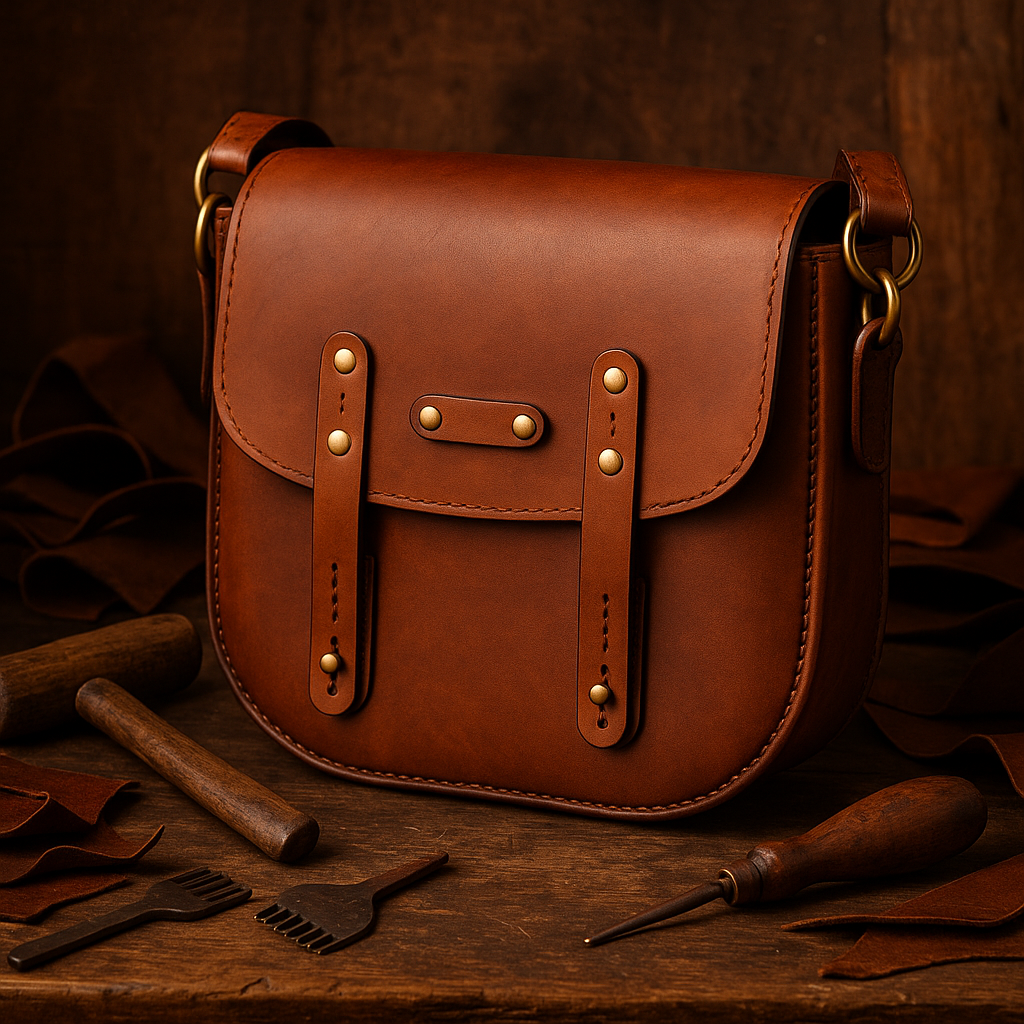 Brown leather satchel with tools on a wooden surface